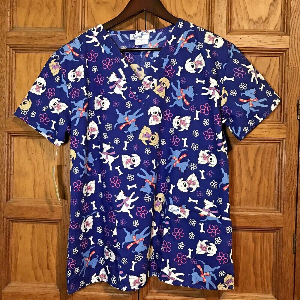 NEW Liana Scrub Top size S Blue Dogs V-Neck Pockets Short Sleeve Vet Nurse Scrub